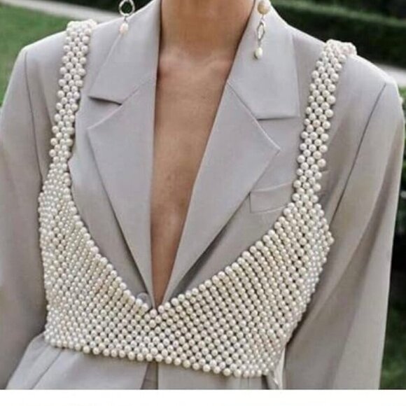 Beaded Tank Top Pearls Bra One Size - Picture 5 of 10